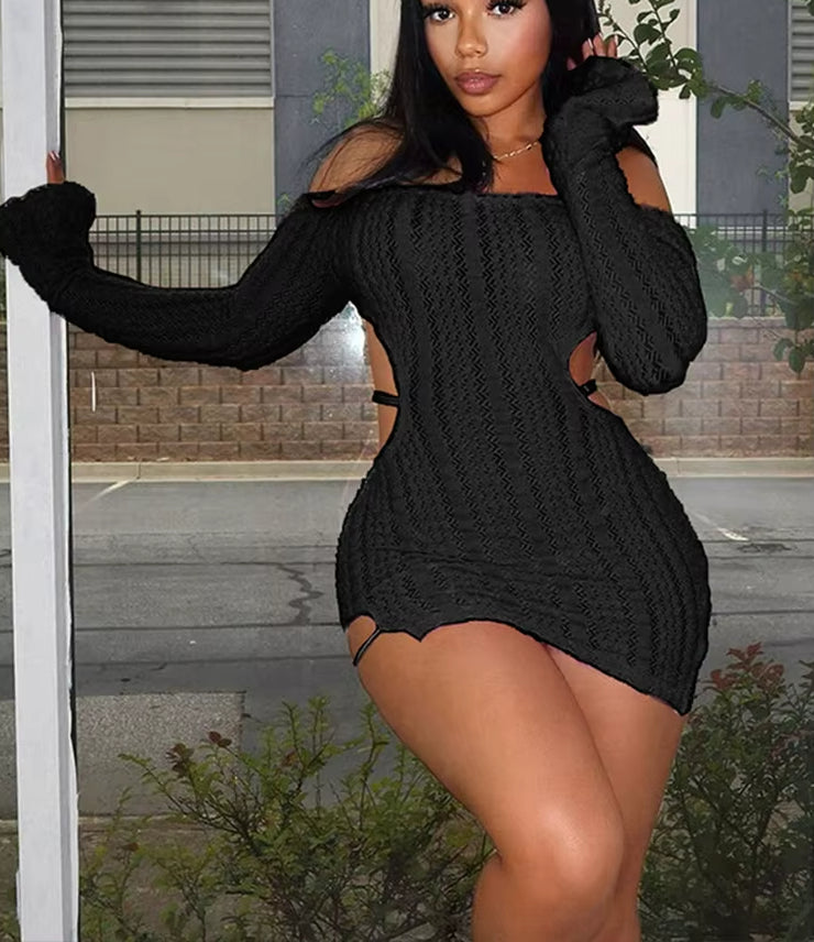 Off Shoulder Fuzzy Knit Long Sleeve Side Cut Out Bodycon Mini Dress 2