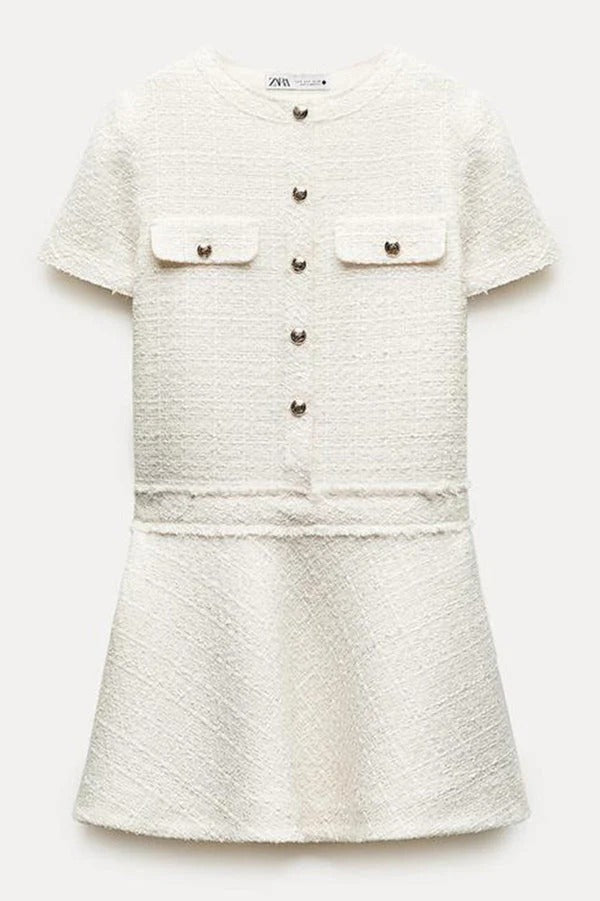 Metal Button Short Sleeve Round Neck Tweed Fit-and-Flare Mini Dress 12