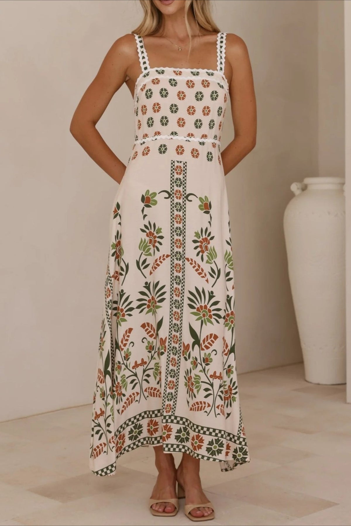 Scalloped Trim Square Neck Panel Print Border Hem Maxi Dress 10