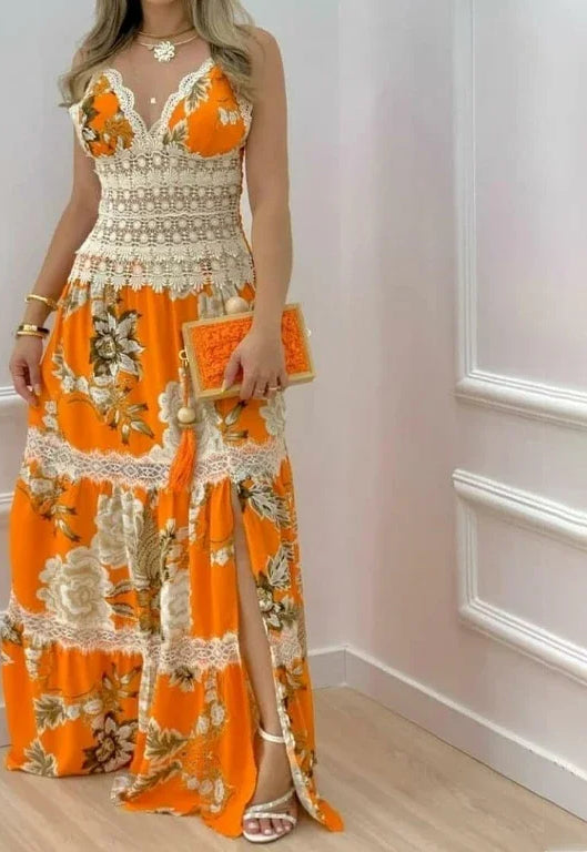 Crochet Lace Bodice Tiered Floral Print High Split Maxi Dress 2
