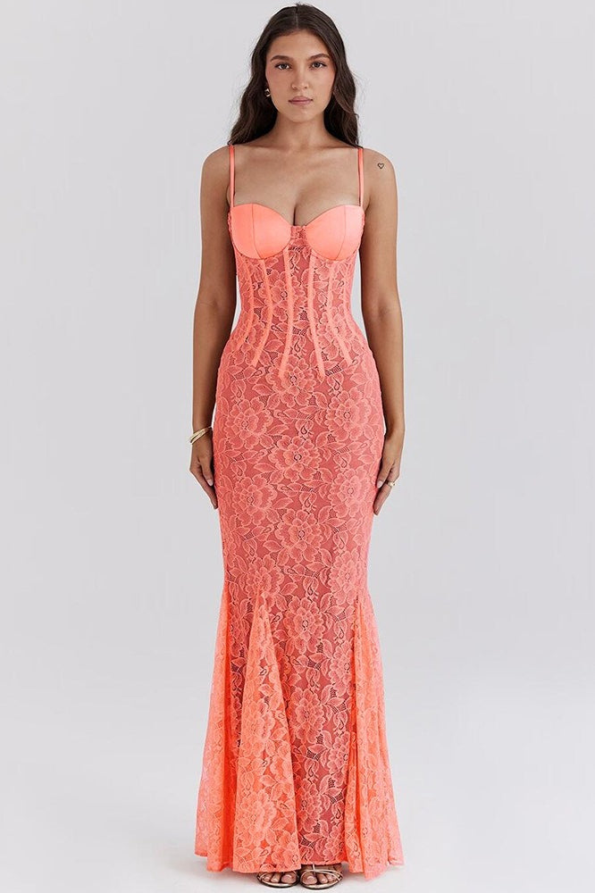 Lace Floral Corset Spaghetti Strap Mermaid Maxi Gown 3