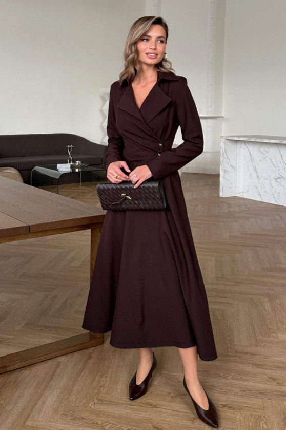 Notched Lapel Deep V Wrap Button Waist Ruched Blazer Midi Dress 3