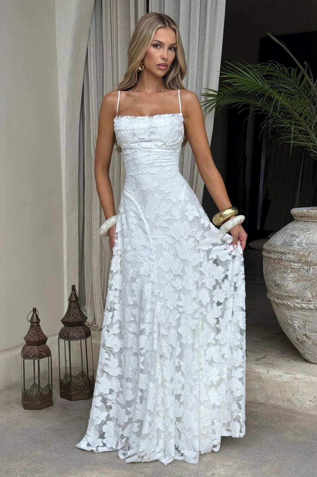 Square Neck Spaghetti Strap Ruched Burnout Floral Lace Maxi Dress