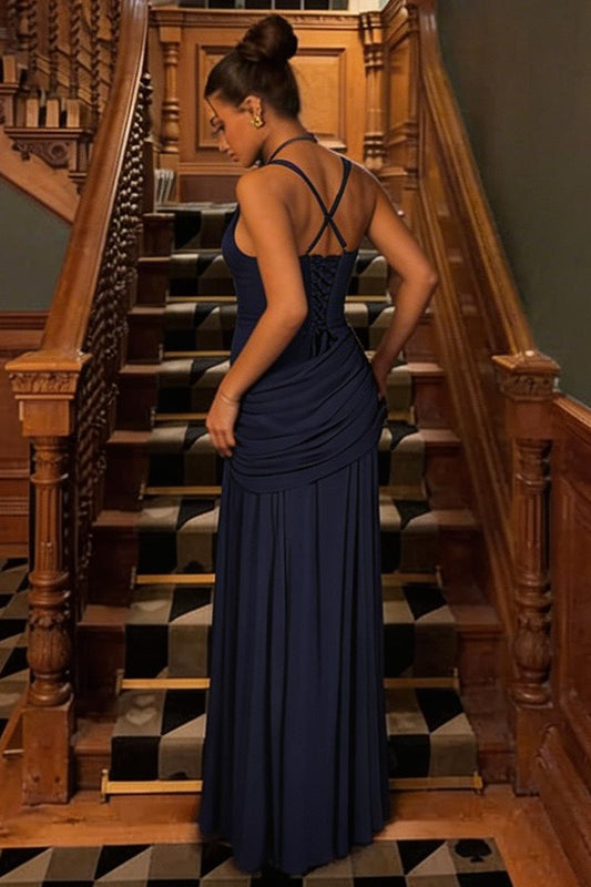 Scoop Neck Wide Strap Ruched Draped Waist Maxi Dress 7