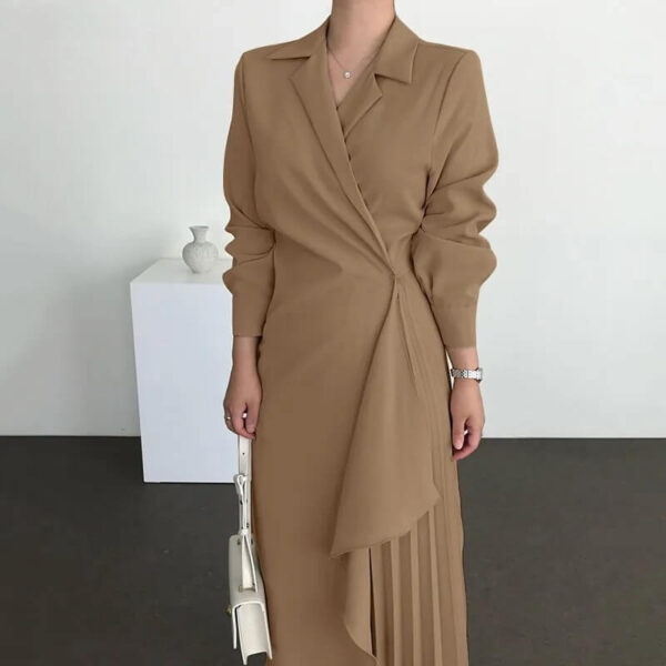Notched Lapel Long Sleeve Wrap Waist Asymmetrical Pleated Drape Midi Dress