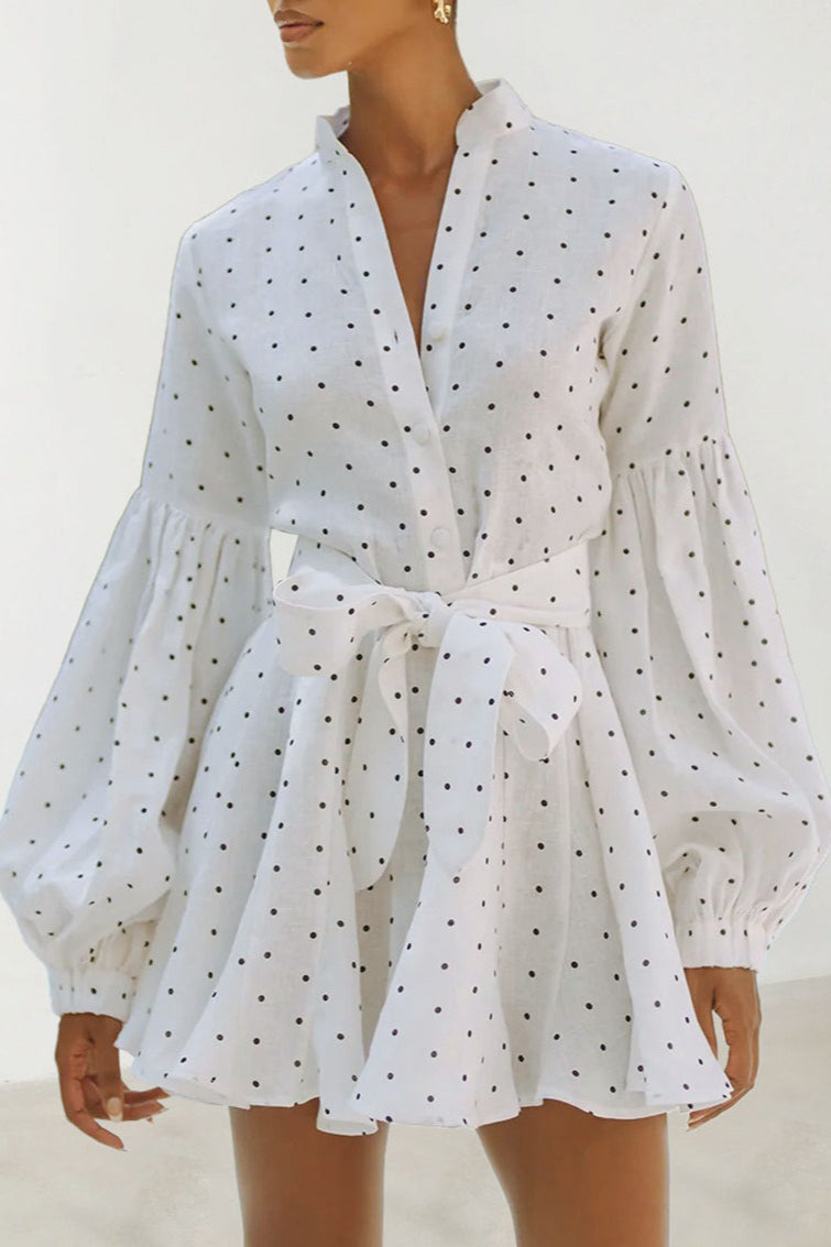 Polka Dot Mandarin Collar Button Front Lantern Sleeve Belted Mini Dress 2