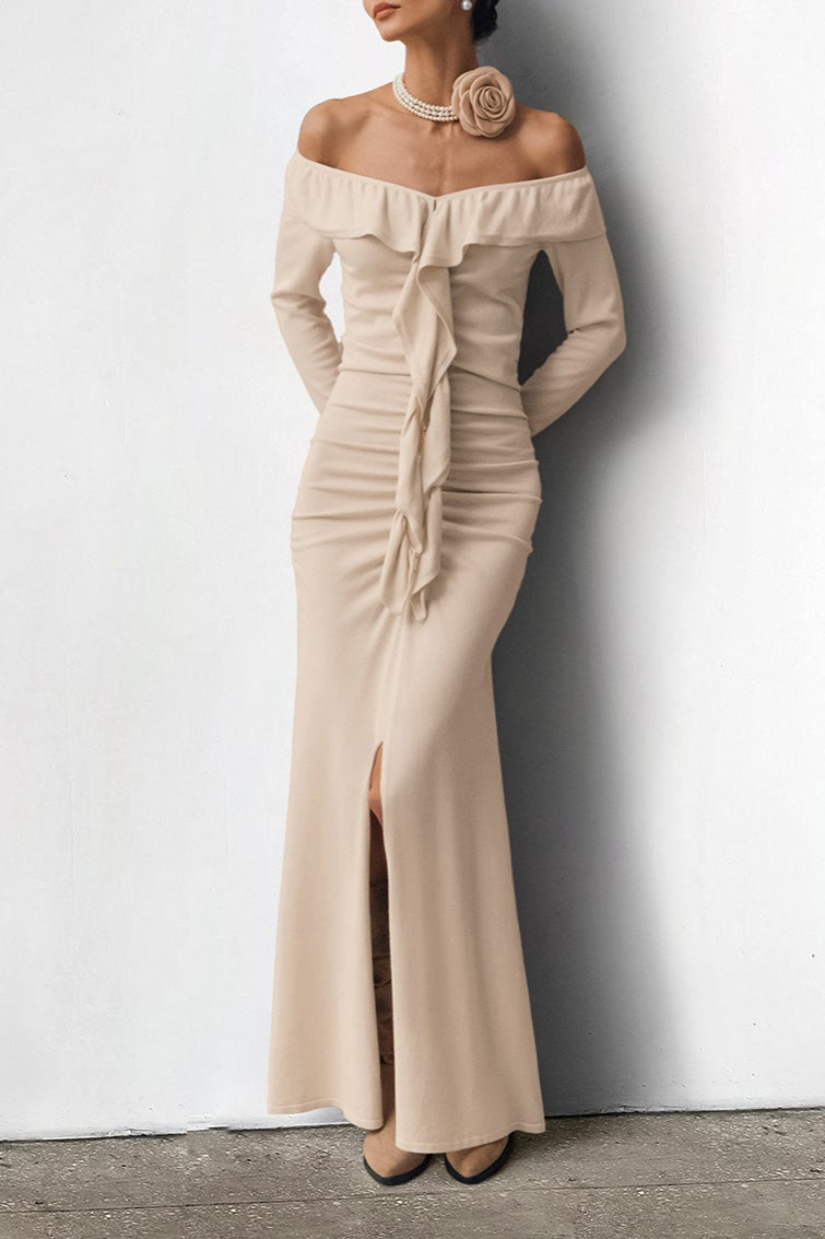 Off Shoulder Sweetheart Ruffle Flounce Long Sleeve Ruched Front Slit Midi Dress 6