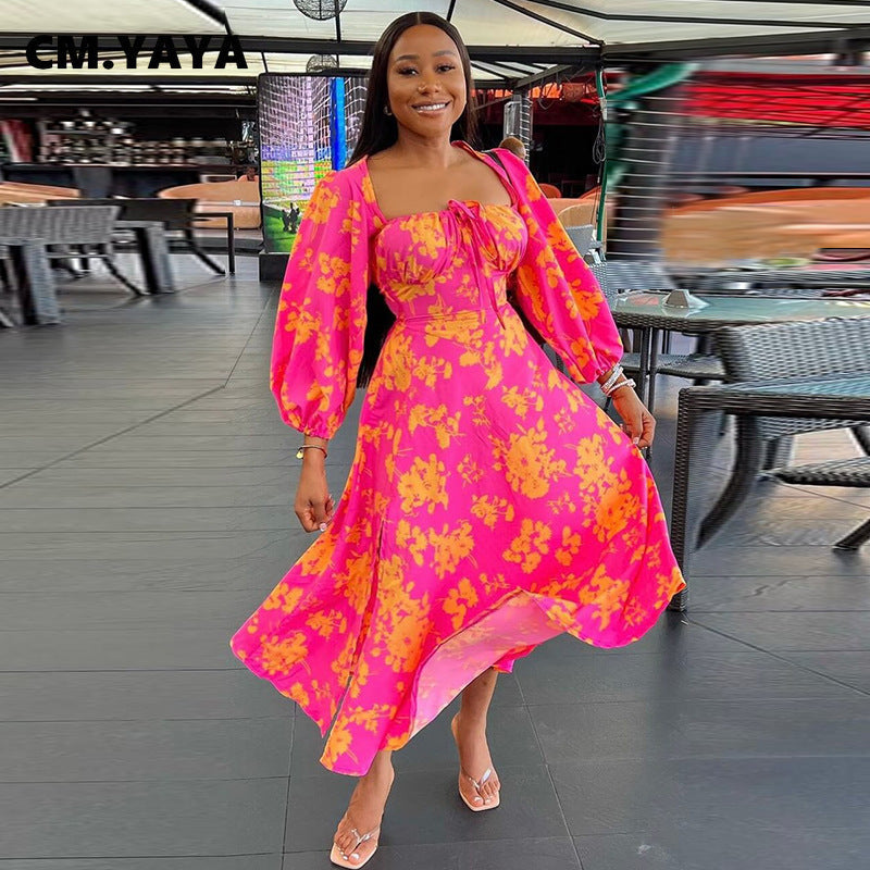 Floral Print Puff Sleeve Tie Front Ruched Bust High Split Midi Dress 2