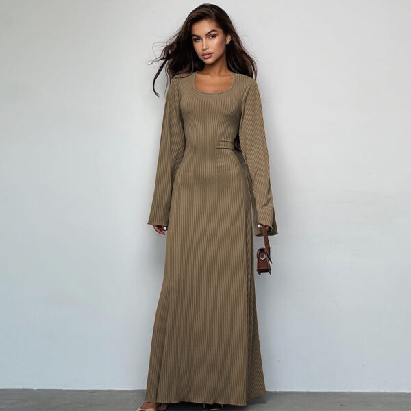 Scoop Neck Long Sleeve Bell Cuff Rib Knit Maxi Dress