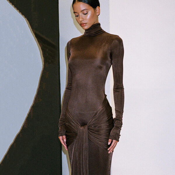 Long Sleeve Mock Neck Front Knot Draped Train Maxi Dress 2