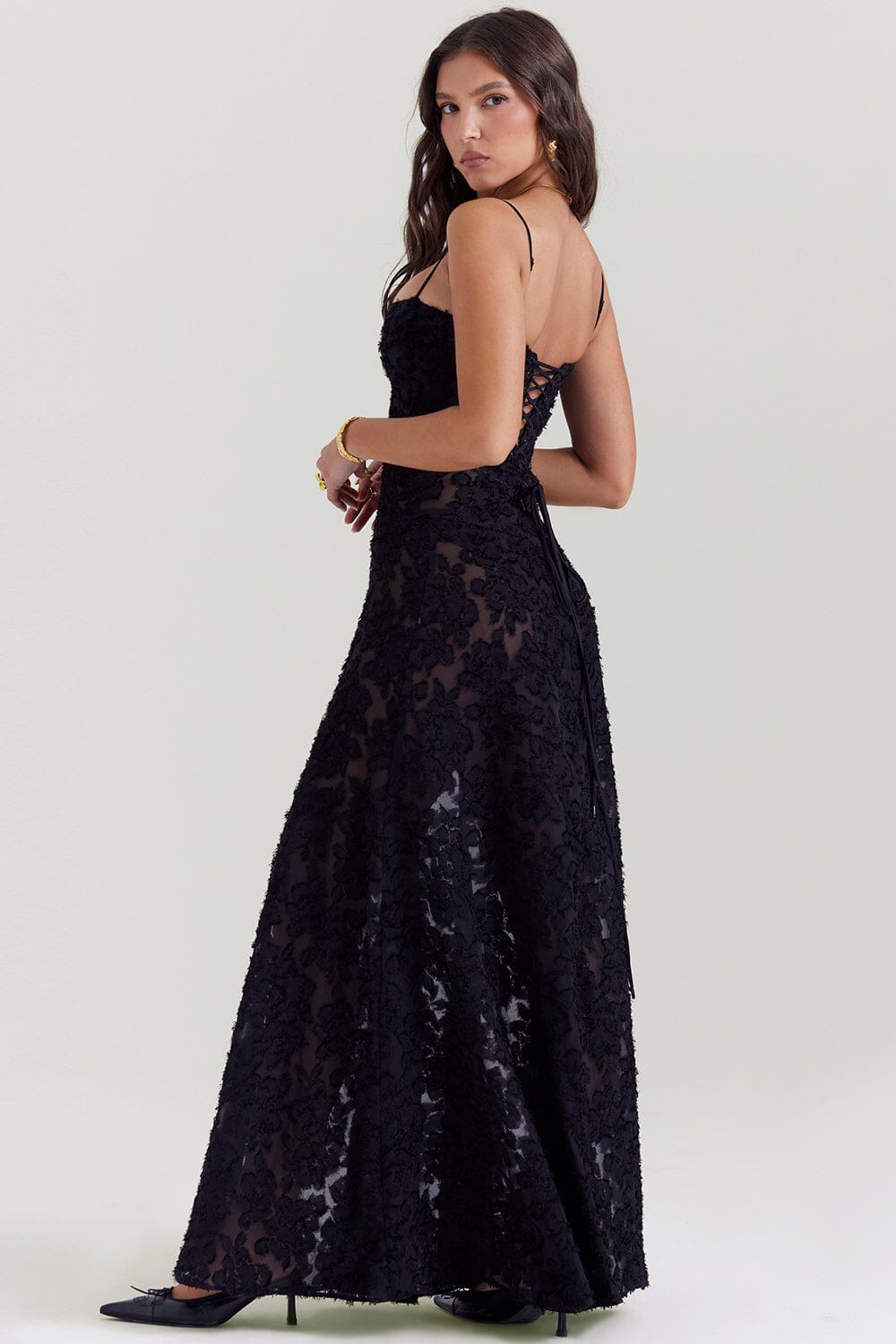Floral Jacquard Spaghetti Strap Lace Up Corset Back Fit and Flare Maxi Dress 10