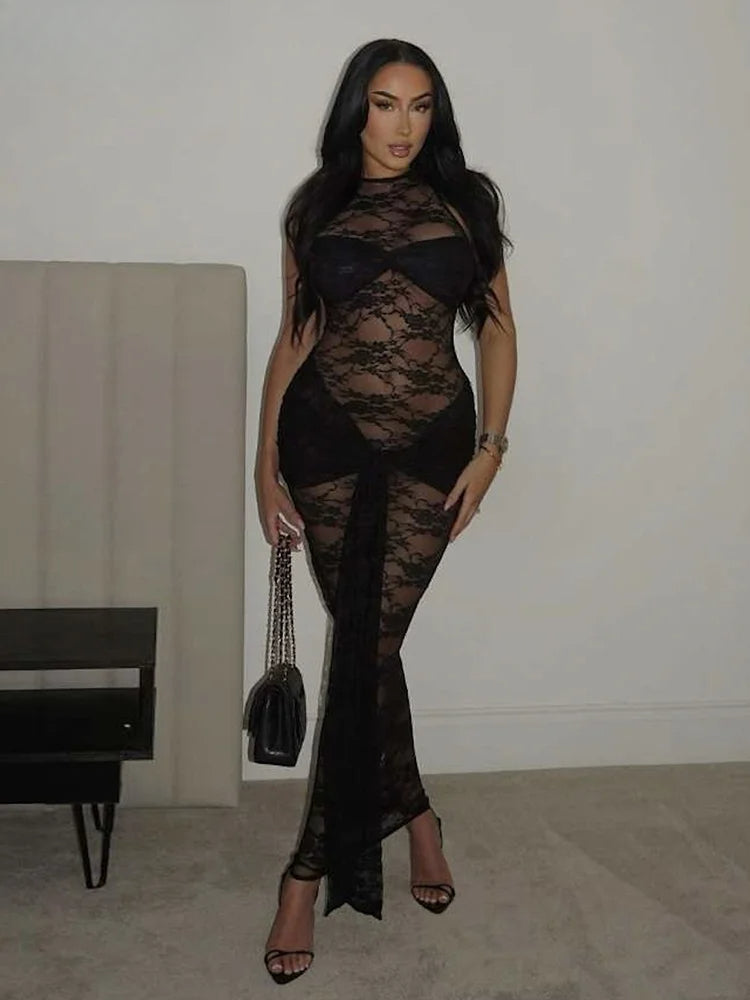 Floral Lace High Neck Knot Waist Sheer Overlay Bodycon Maxi Dress 3