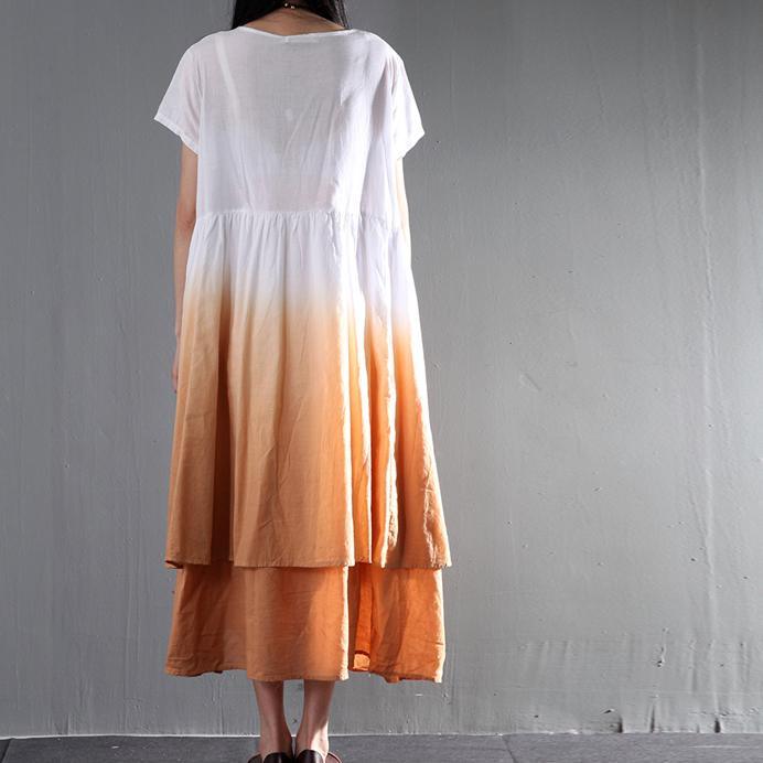 Round Neck Short Sleeve Tiered Ombre Dip Dye Linen Midi Dress 4