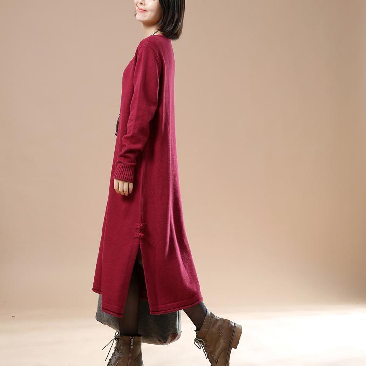 Scoop Neck Frog Button Patch Pocket Rib Cuff Knit Midi Sweater Dress 3