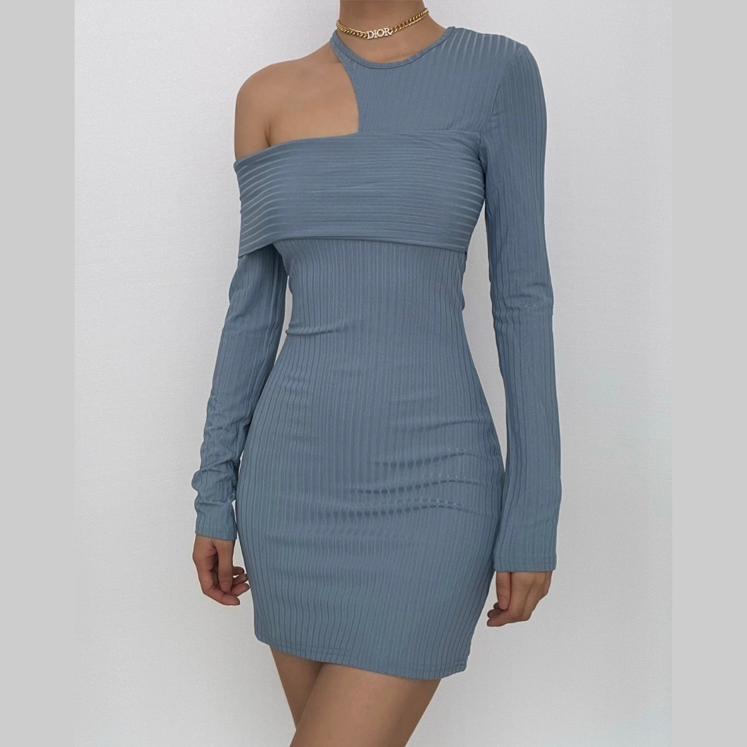 Asymmetrical Cutout Rib Knit Off Shoulder Long Sleeve Mini Dress