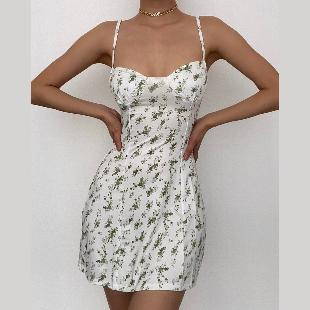 Ditsy Floral Print Sweetheart Bustier Spaghetti Strap Mini Dress