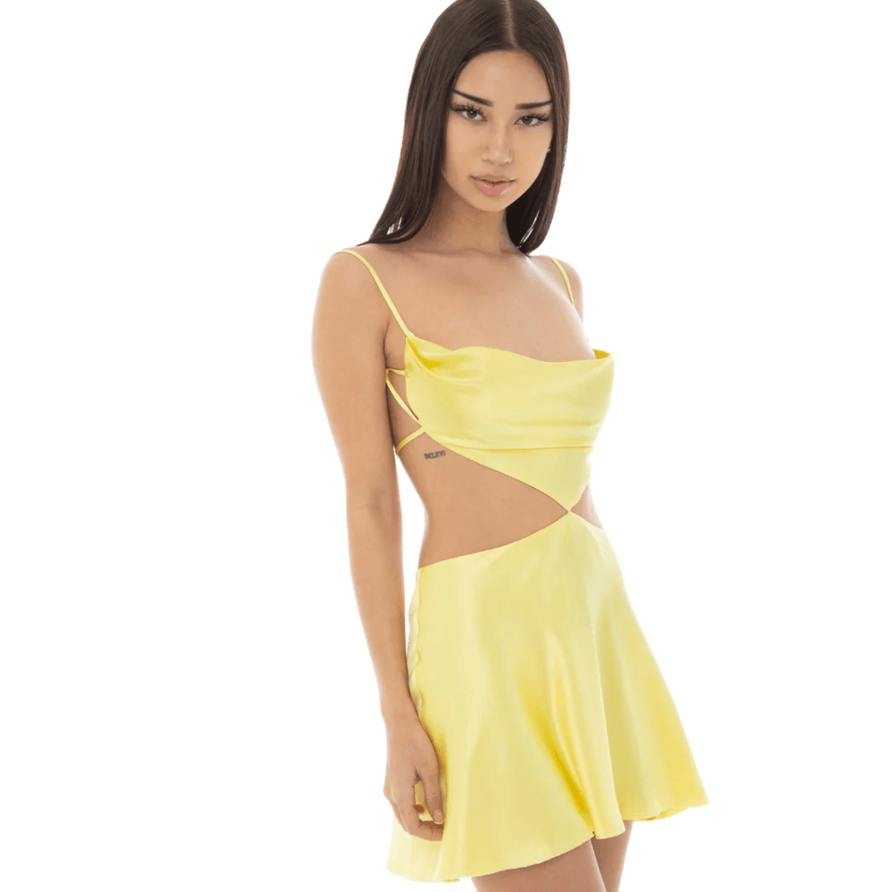 Satin Spaghetti Strap Open Back Side Cutout Flared Mini Dress 9