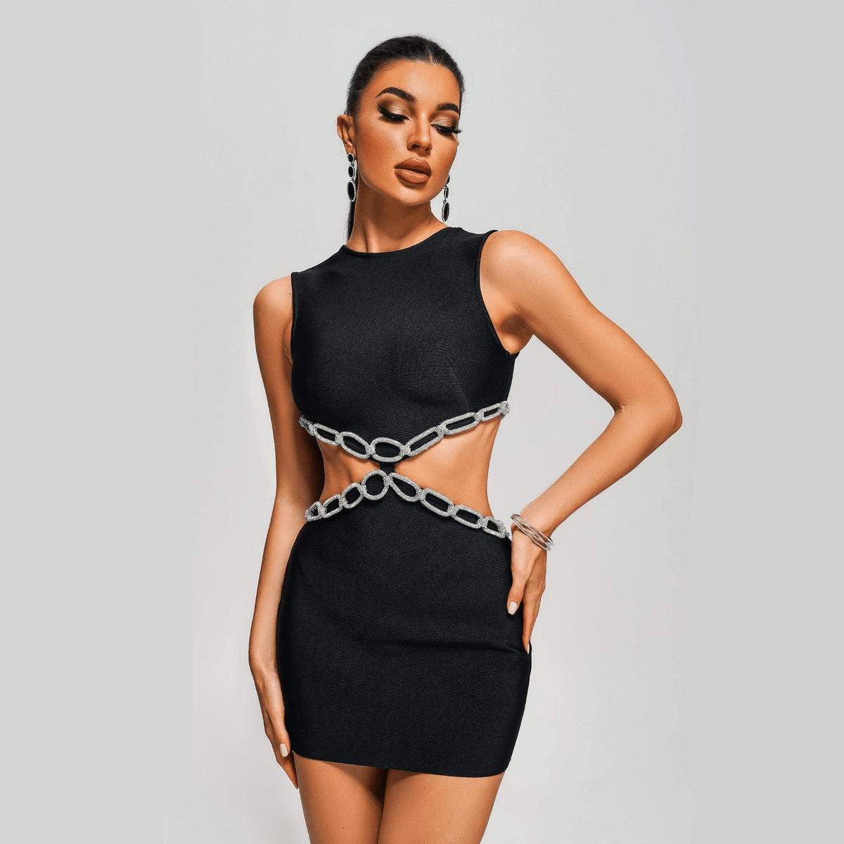Crew Neck Sleeveless Chain Link Waist Cutout Mini Dress 11
