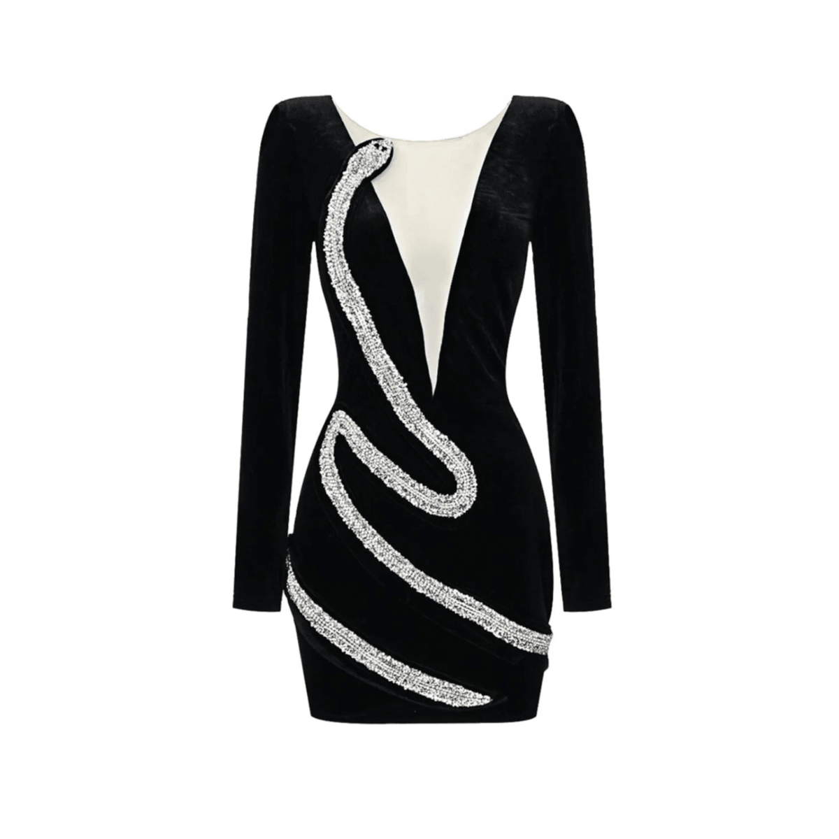 Velvet Deep V Neck Padded Shoulder Rhinestone Snake Applique Mini Dress 8