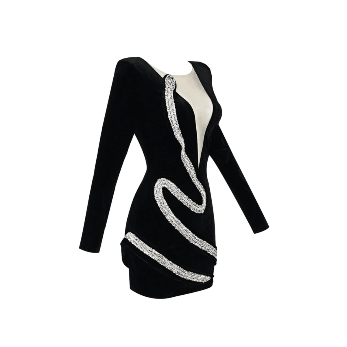 Velvet Deep V Neck Padded Shoulder Rhinestone Snake Applique Mini Dress 9
