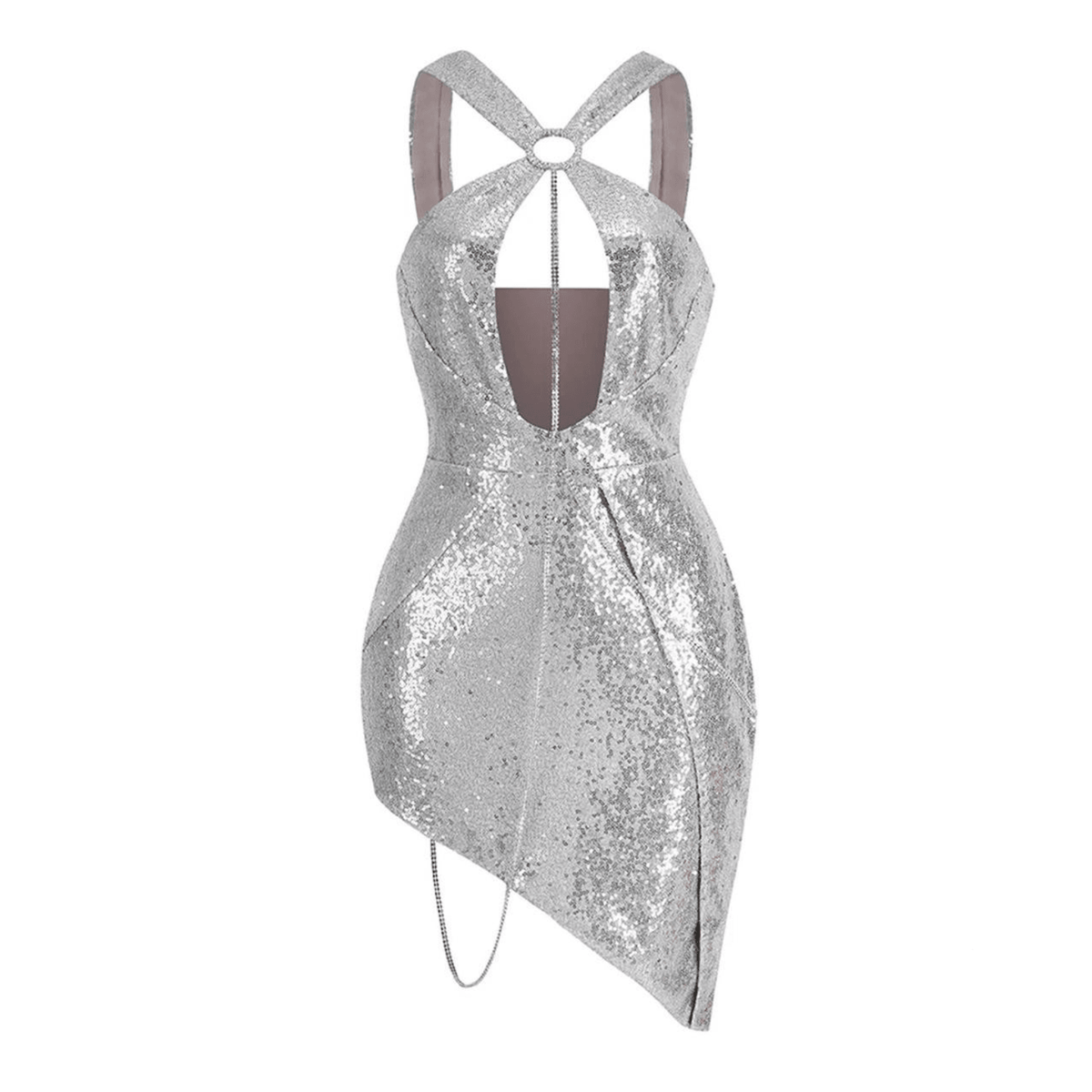 Halter Keyhole Chain Draped Sequin Asymmetric Hem Mini Dress 7