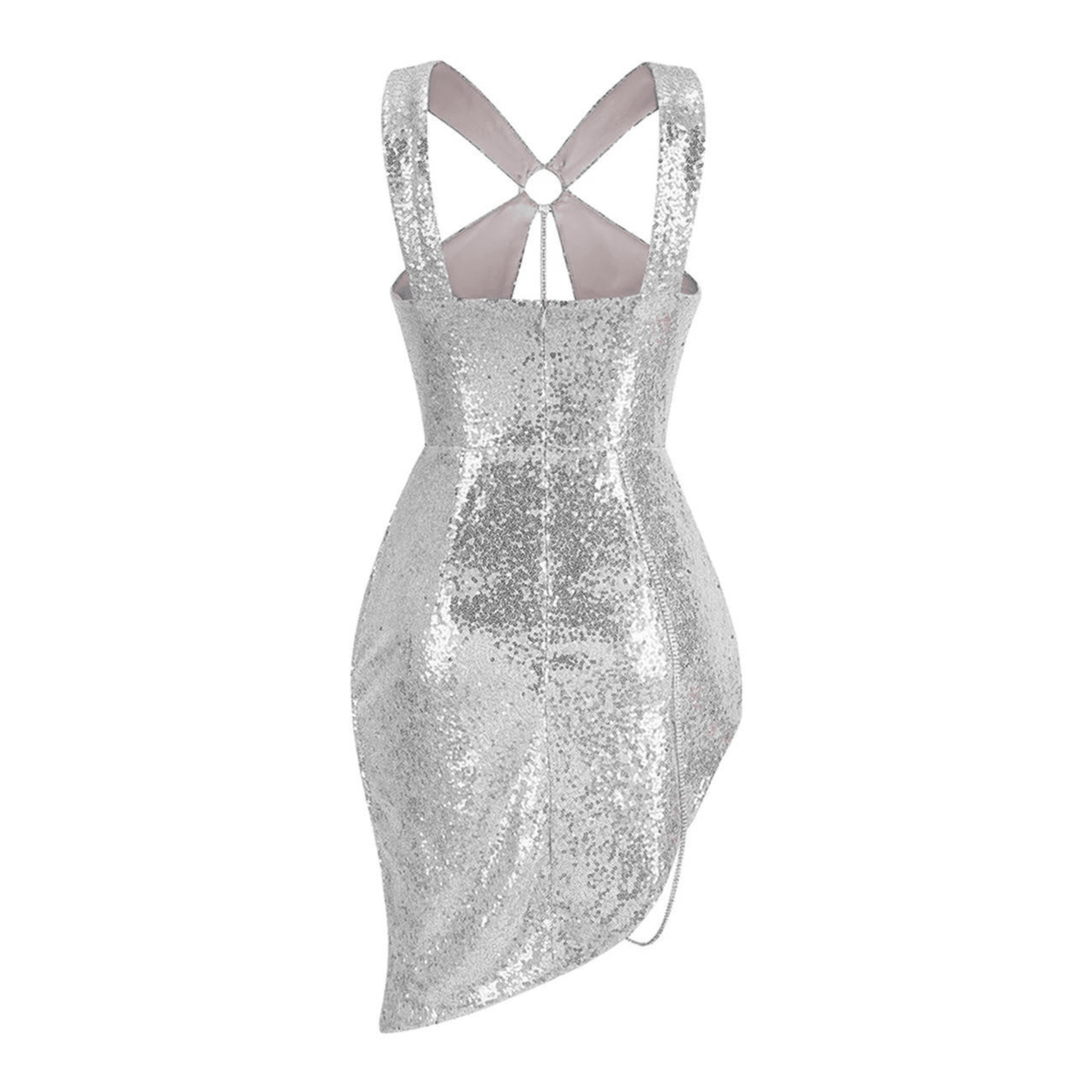 Halter Keyhole Chain Draped Sequin Asymmetric Hem Mini Dress 8
