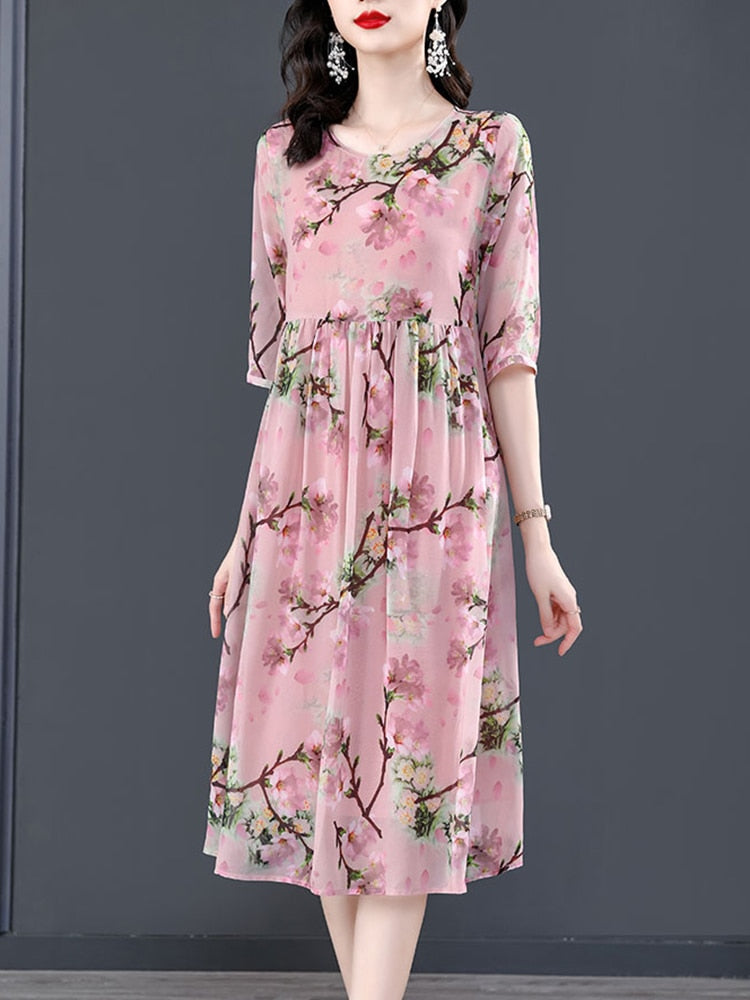 Round Neck Half Sleeve Floral Print Empire Waist Midi Dress 2