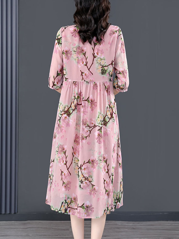 Round Neck Half Sleeve Floral Print Empire Waist Midi Dress 4