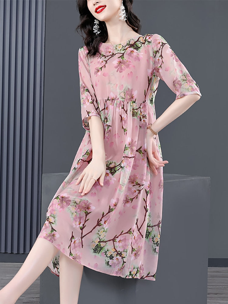 Round Neck Half Sleeve Floral Print Empire Waist Midi Dress 3