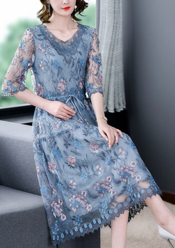 V Neck Elbow Sleeve Floral Embroidered Mesh Tie Waist Tiered Midi Dress