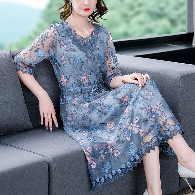 V Neck Elbow Sleeve Floral Embroidered Mesh Tie Waist Tiered Midi Dress 2