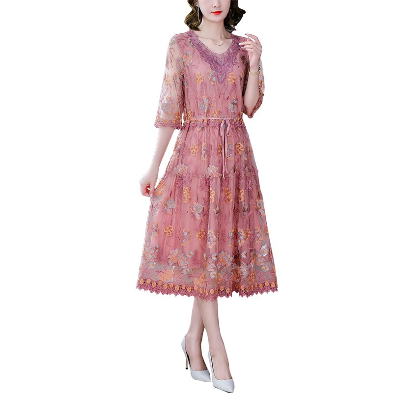 V Neck Elbow Sleeve Floral Embroidered Mesh Tie Waist Tiered Midi Dress 5