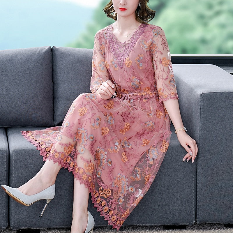 V Neck Elbow Sleeve Floral Embroidered Mesh Tie Waist Tiered Midi Dress 4