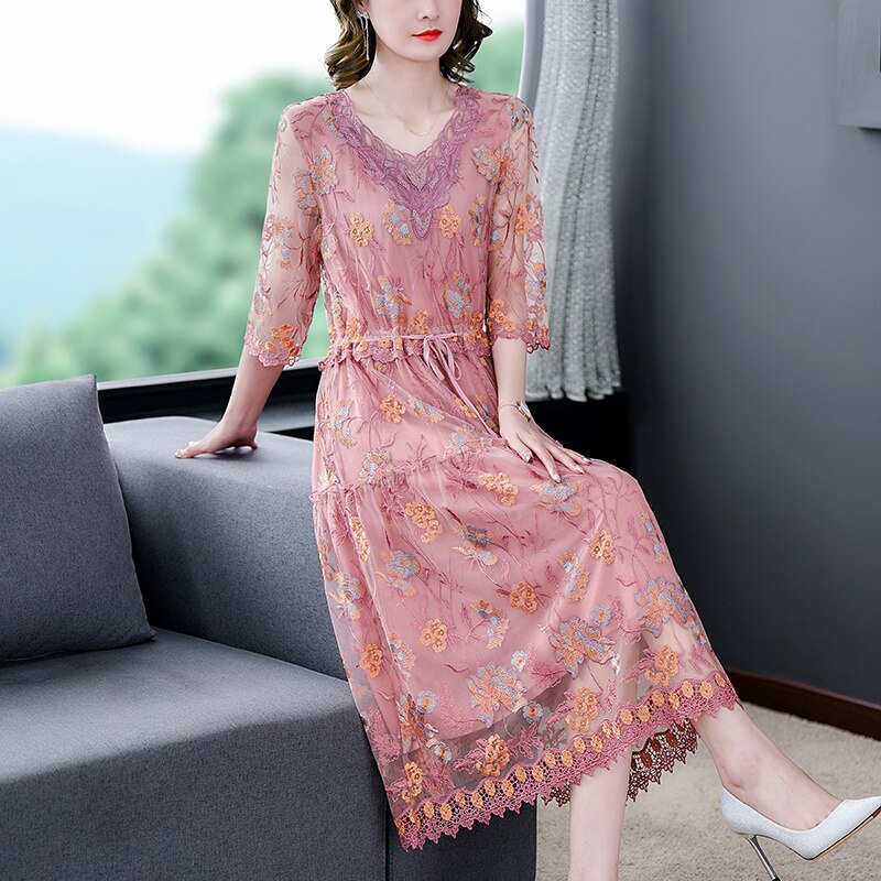 V Neck Elbow Sleeve Floral Embroidered Mesh Tie Waist Tiered Midi Dress 3