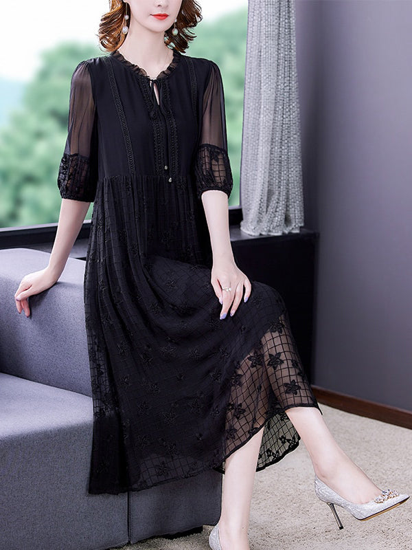Notched Neck Tie Front Sheer Pleated Sleeve Floral Embroidered Midi Dress