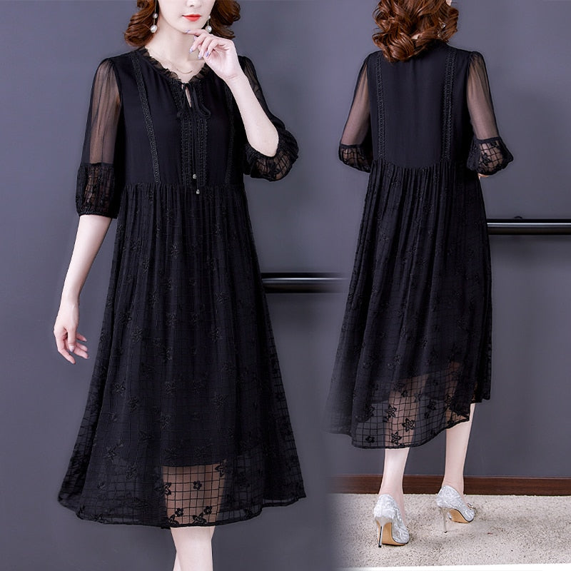 Notched Neck Tie Front Sheer Pleated Sleeve Floral Embroidered Midi Dress 5