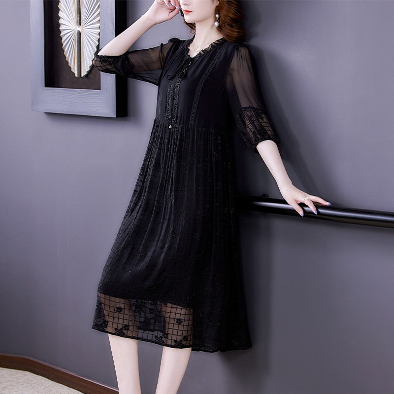 Notched Neck Tie Front Sheer Pleated Sleeve Floral Embroidered Midi Dress 4