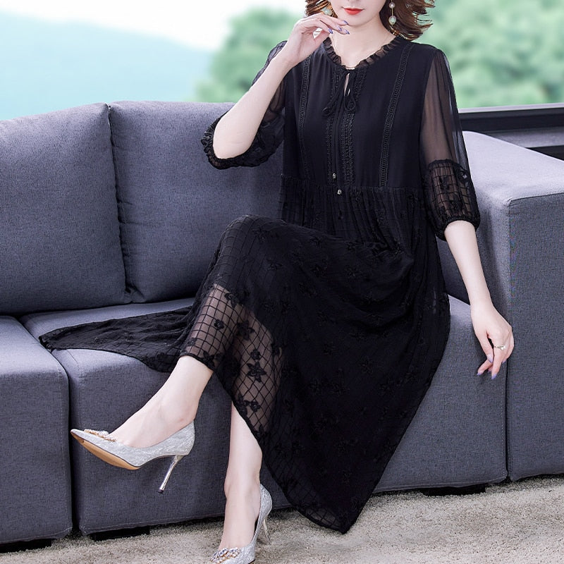 Notched Neck Tie Front Sheer Pleated Sleeve Floral Embroidered Midi Dress 2