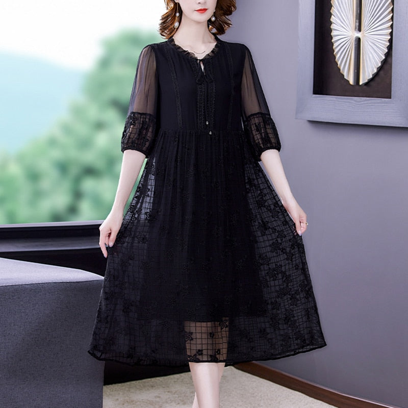 Notched Neck Tie Front Sheer Pleated Sleeve Floral Embroidered Midi Dress 3