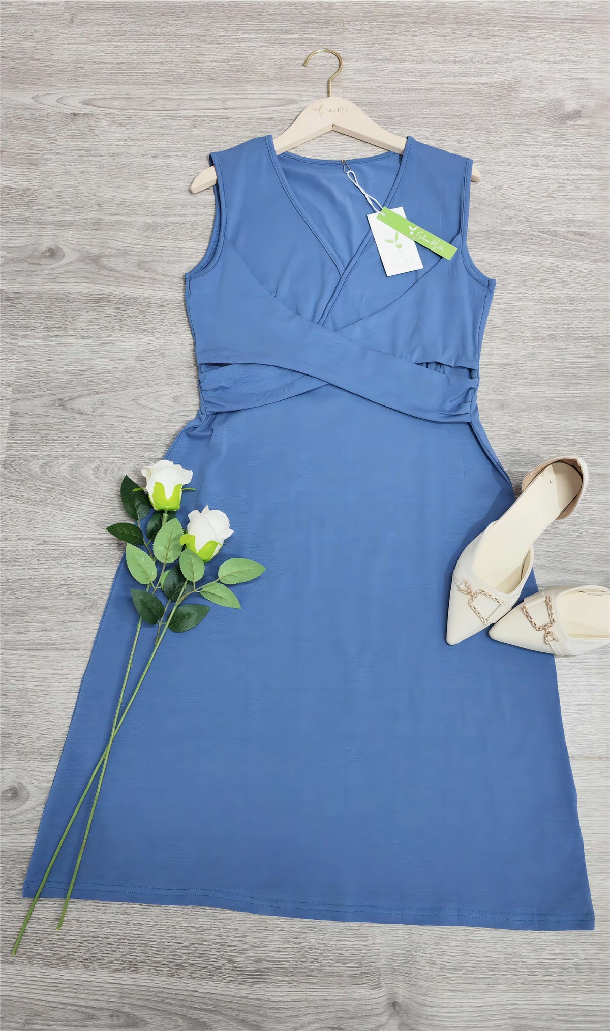 Deep V Surplice Wrap Cross Waist Ruched A Line Midi Sheath Dress 10