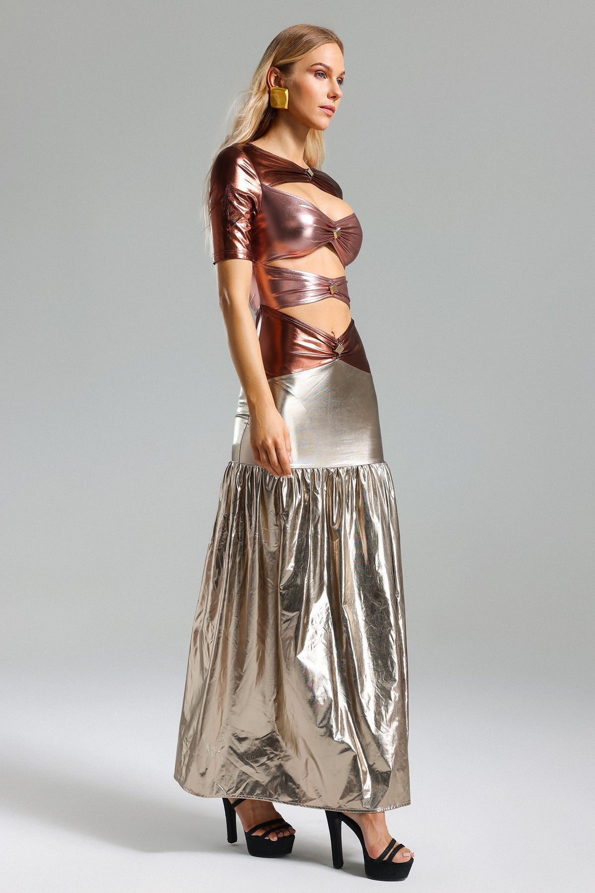 Short Sleeve Ruched Buckle Cutout Metallic Mermaid Maxi Dress 5