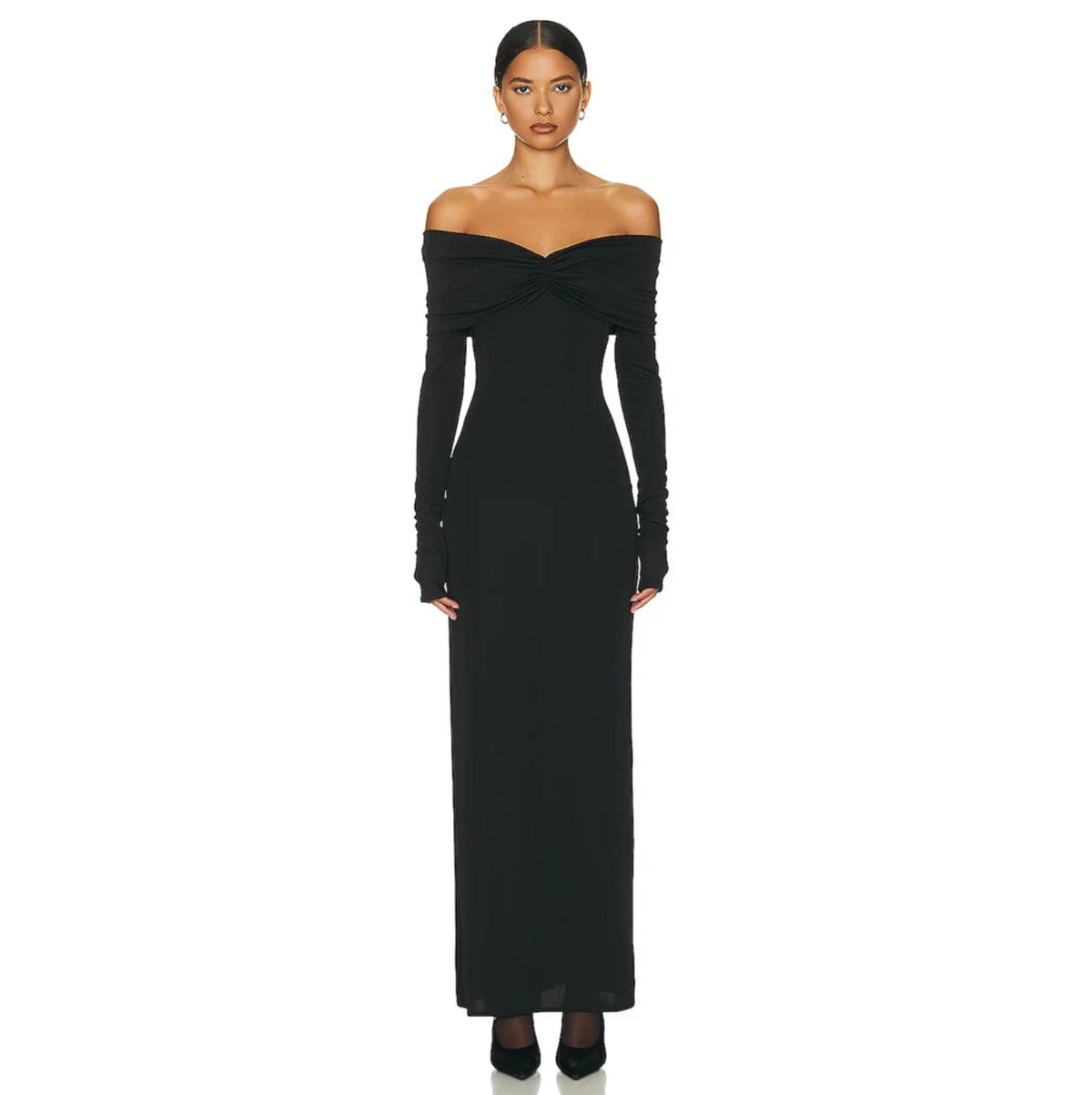 Off Shoulder Twisted Knot Long Sleeve Bodycon Maxi Gown 10