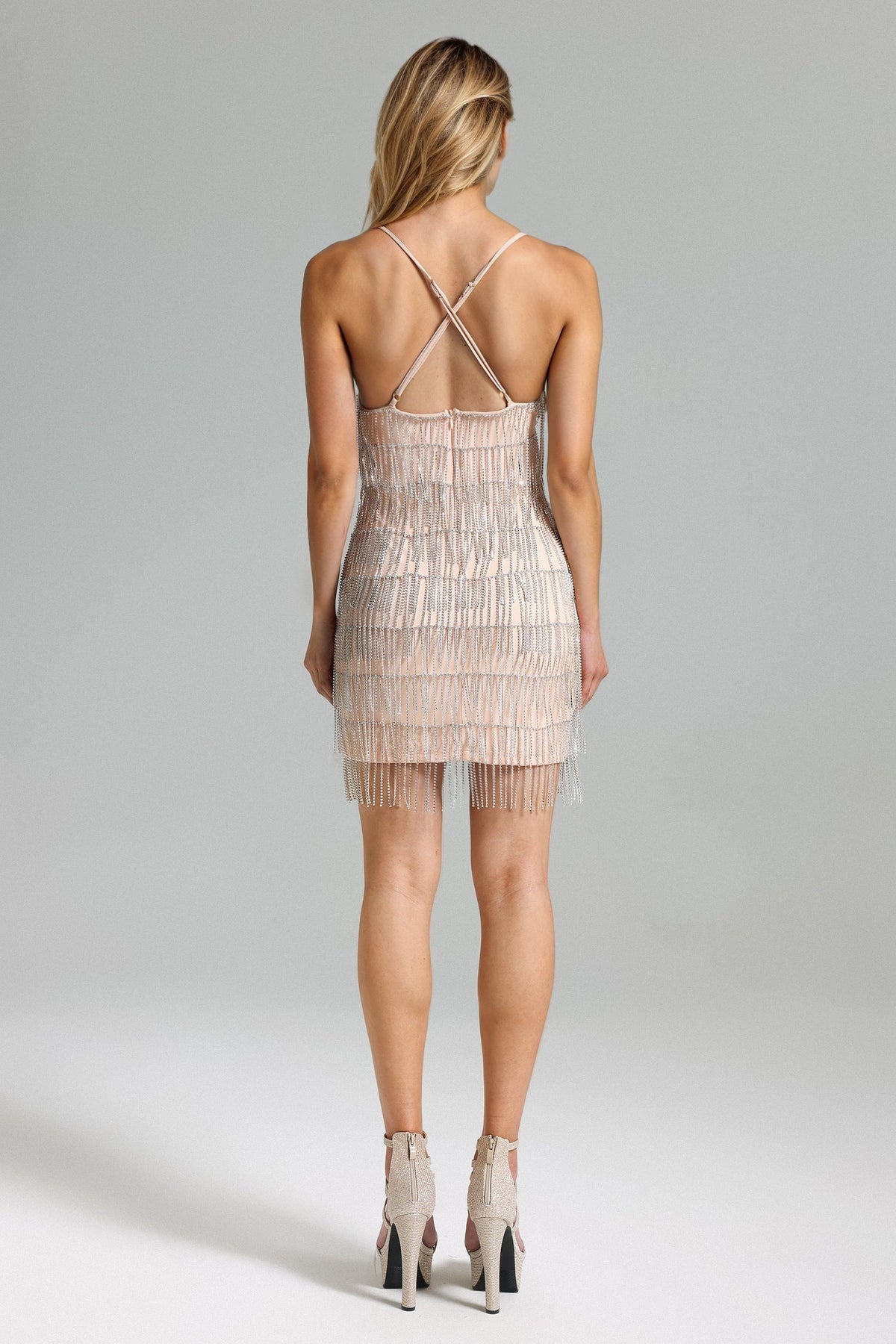 Spaghetti Strap Deep V Mesh Panel Rhinestone Fringe Tassel Mini Dress 3