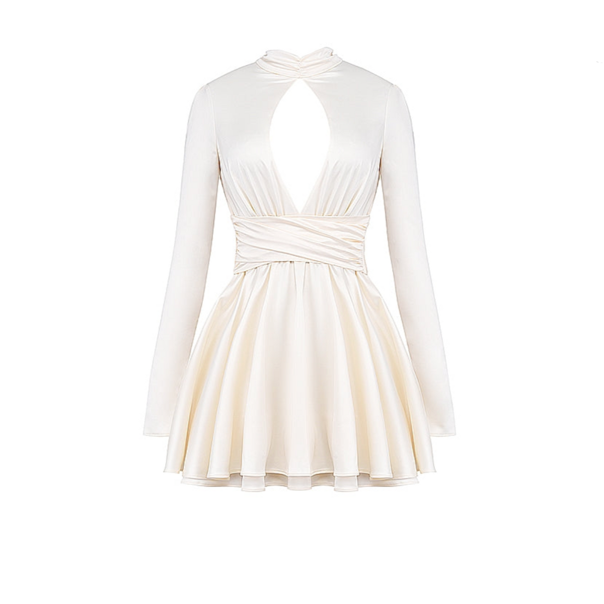 Mock Neck Keyhole Plunge Wrap Waist Balloon Sleeve Satin Skater Mini Dress 11