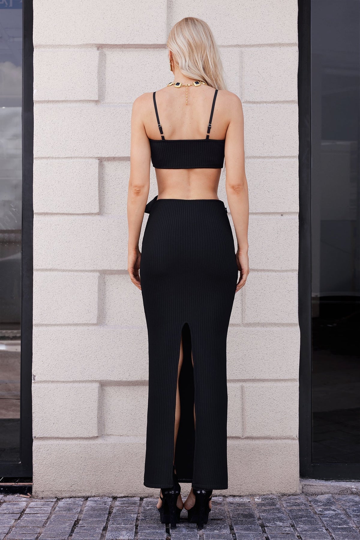 Rib Knit Crop Top 3D Rosette Linked Bar Cutout Maxi Skirt Set 6