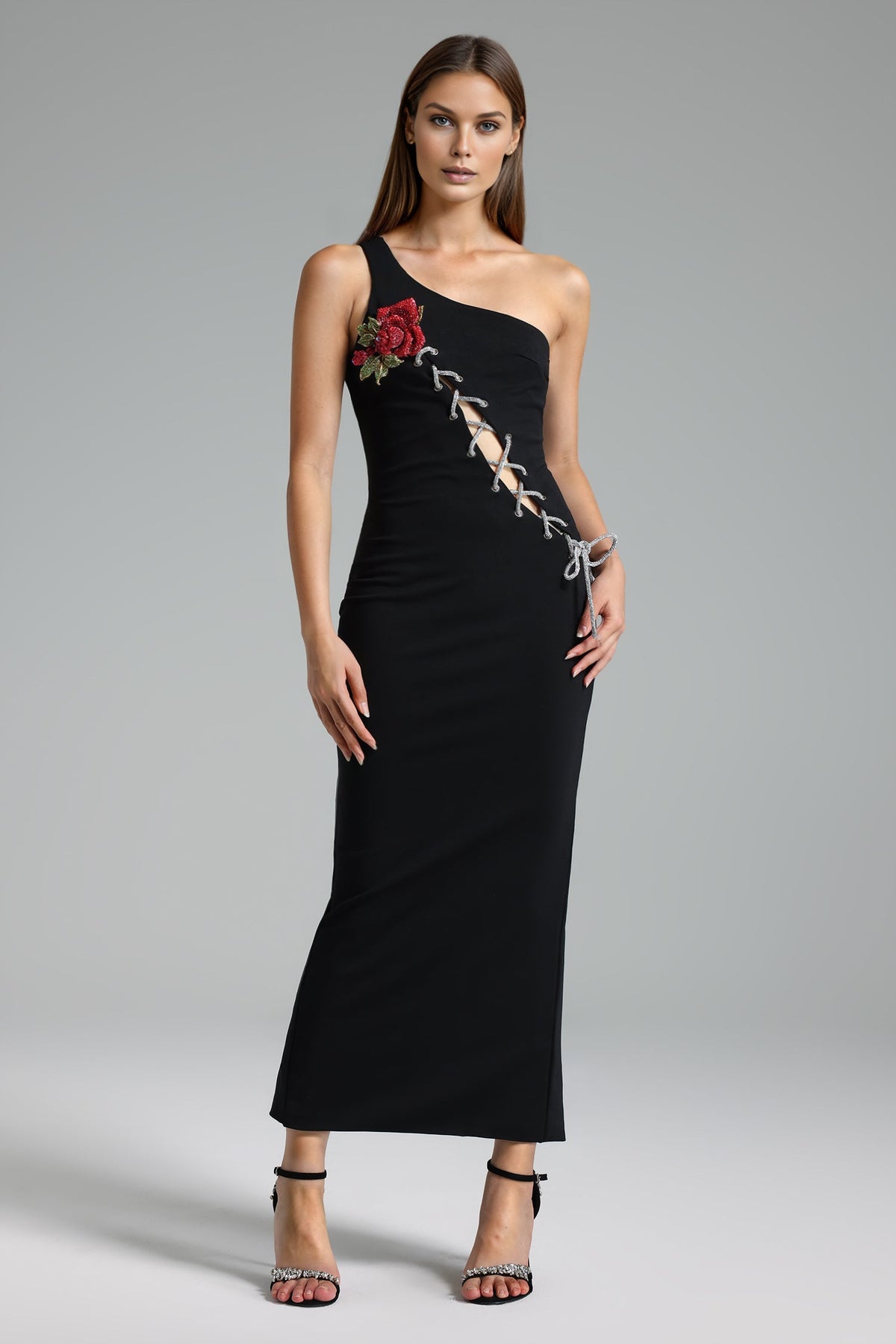 One Shoulder 3D Floral Applique Diagonal Lace Up Cutout Column Maxi Gown