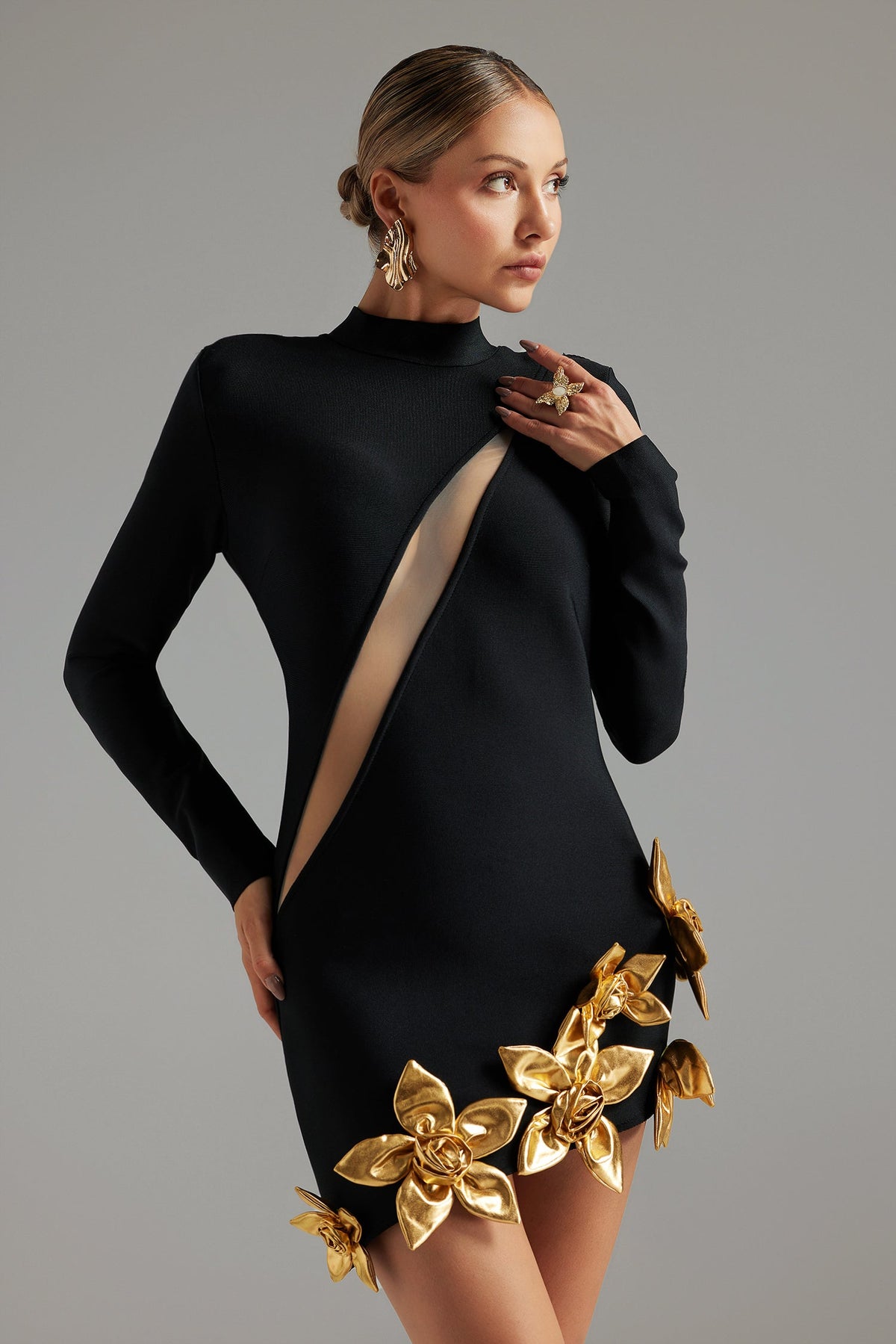 Mock Neck Diagonal Mesh Cutout Bodycon Mini Dress with Metallic Floral Hem 4