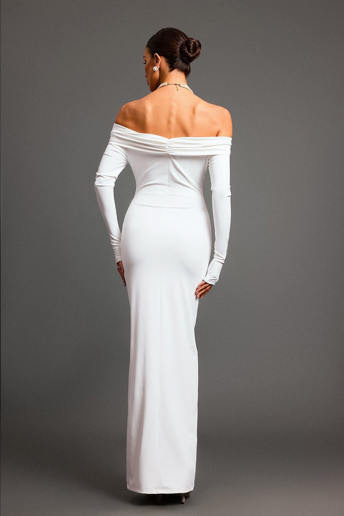 Off Shoulder Ruched Long Sleeve Backless Column Maxi Dress 9
