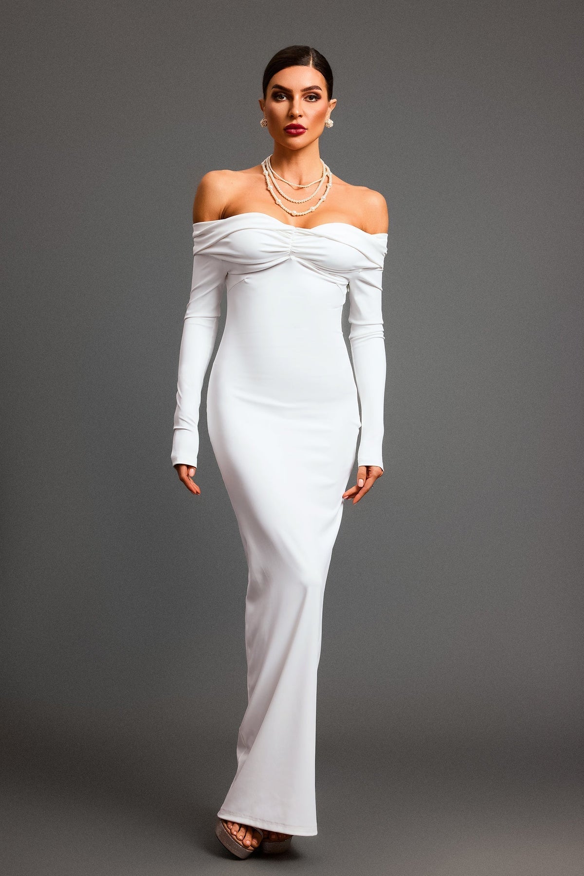 Off Shoulder Ruched Long Sleeve Backless Column Maxi Dress 4