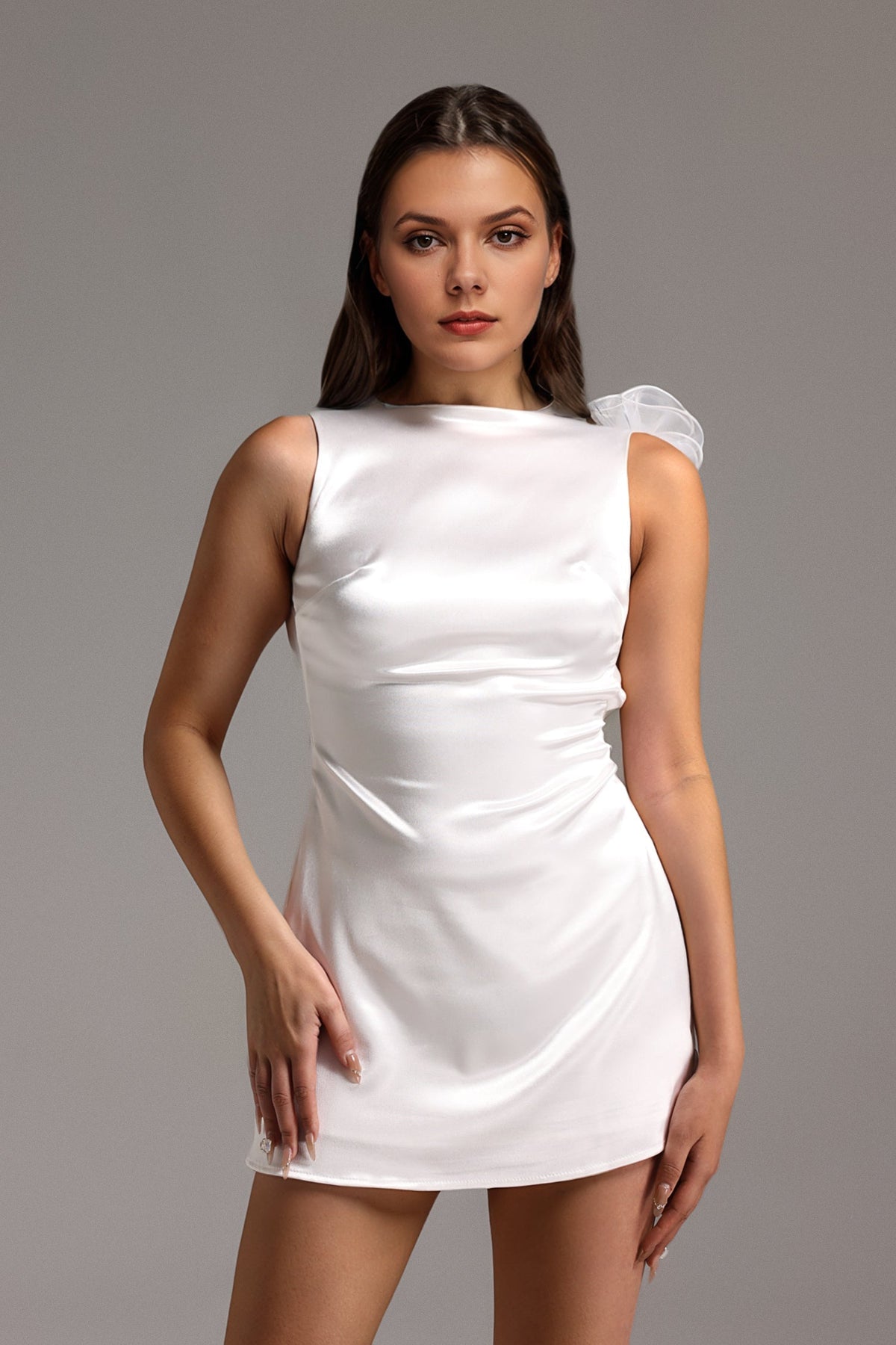 Boat Neck Ruched Organza Flower Shoulder Mini Dress